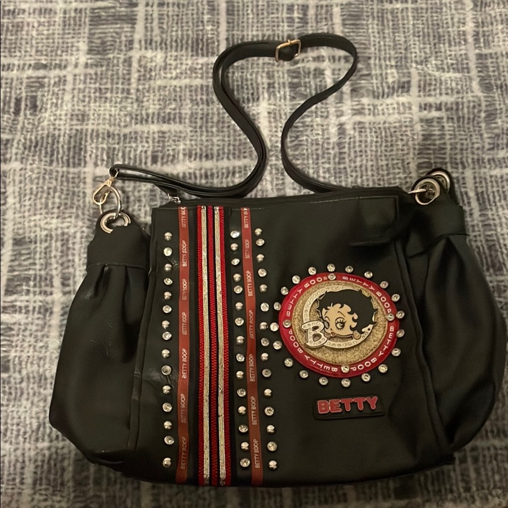 Betty Boop Black and Red Shoulder Bag with Studded Accents